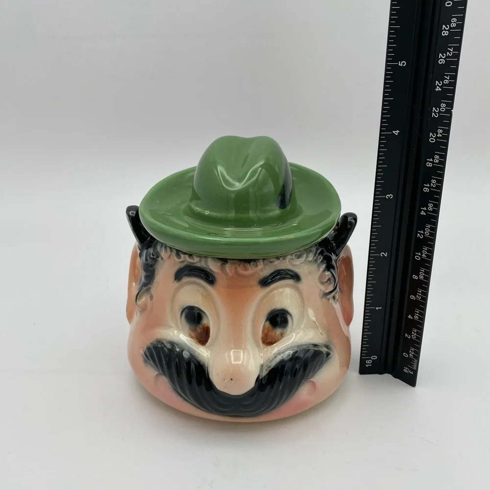 Tilso Japan ceramic mustache Man bowl green hat wire handle vintage 1960’s